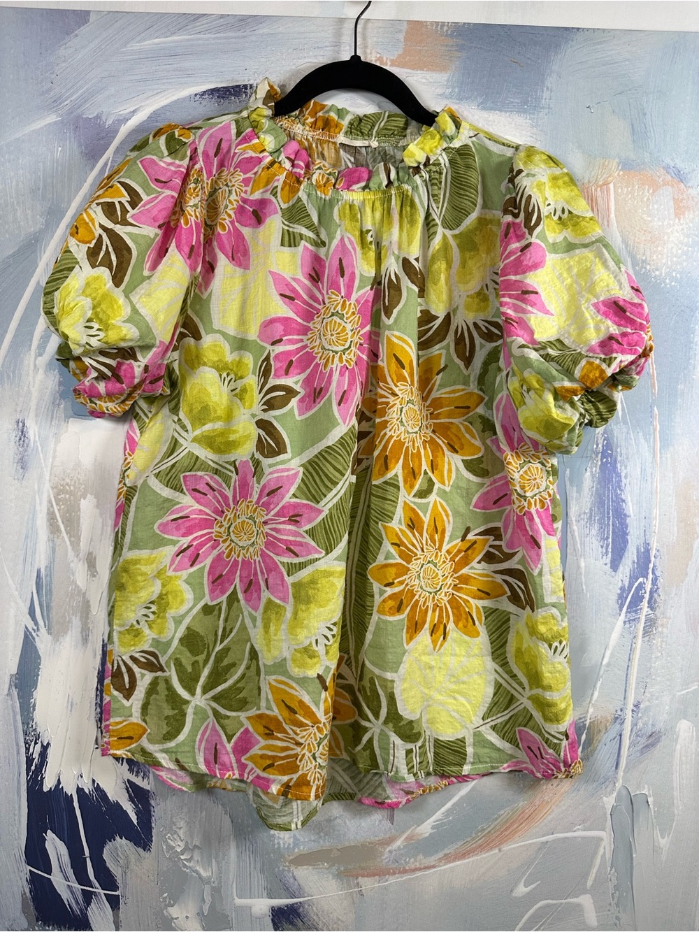 Jodifl Floral Blouse Top Size Small Pink Green Yellow Puff Sleeve Smocked Neck